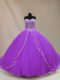 Fitting Tulle Sweetheart Sleeveless Court Train Lace Up Beading Quince Ball Gowns in Purple