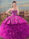 Fuchsia Fabric With Rolling Flowers Lace Up 15th Birthday Dress Sleeveless Brush Train Embroidery and Ruffles