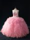 Fabulous Pink Ball Gowns Beading and Ruffles 15 Quinceanera Dress Lace Up Tulle Sleeveless Floor Length