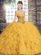 Clearance Sleeveless Floor Length Beading and Ruffles Lace Up Vestidos de Quinceanera with Gold