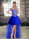 Elegant High Low Lace Up Juniors Party Dress Royal Blue for Prom and Party with Beading