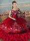 Ball Gowns Quince Ball Gowns Red Off The Shoulder Satin Sleeveless Floor Length Lace Up