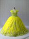 Yellow Green Tulle Lace Up Sweet 16 Quinceanera Dress Sleeveless Court Train Appliques