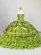 Lace Up Ball Gown Prom Dress Olive Green for Sweet 16 and Quinceanera with Embroidery and Ruffled Layers Brush Train