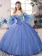 Fashion Blue Tulle Lace Up Sweet 16 Dress Sleeveless Floor Length Beading
