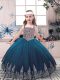Teal Tulle Lace Up Straps Sleeveless Floor Length Little Girls Pageant Dress Wholesale Beading and Embroidery