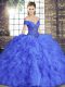 Delicate Floor Length Lace Up Quinceanera Gowns Blue for Military Ball and Sweet 16 and Quinceanera with Beading and Ruffles