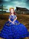 Great Royal Blue Kids Formal Wear Wedding Party with Embroidery and Ruffled Layers Off The Shoulder Short Sleeves Lace Up