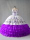 Floor Length White And Purple Quinceanera Gowns Organza Sleeveless Embroidery and Ruffled Layers