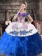 Unique Satin and Organza Off The Shoulder Sleeveless Lace Up Appliques Vestidos de Quinceanera in Blue And White