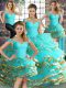 Cheap Aqua Blue Ball Gowns Off The Shoulder Sleeveless Tulle Floor Length Lace Up Beading and Ruffled Layers Sweet 16 Dresses