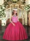Sleeveless Tulle Floor Length Lace Up Pageant Dress for Womens in Hot Pink with Beading
