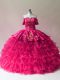Inexpensive Sleeveless Floor Length Embroidery and Ruffled Layers Lace Up Quinceanera Dress with Fuchsia
