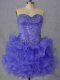 Elegant Sleeveless Mini Length Beading and Ruffles Lace Up Dress for Prom with Lavender