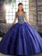Straps Sleeveless 15 Quinceanera Dress Floor Length Beading and Appliques Purple Tulle