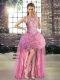 Rose Pink Junior Homecoming Dress Prom and Party with Beading Scoop Sleeveless Lace Up