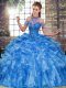 Fabulous Blue Sweet 16 Dresses Military Ball and Sweet 16 and Quinceanera with Beading and Ruffles Halter Top Sleeveless Lace Up