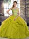 Sexy Olive Green Ball Gowns Off The Shoulder Sleeveless Tulle Brush Train Lace Up Beading and Ruffles Quinceanera Dresses