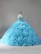 Adorable Sleeveless Fabric With Rolling Flowers Court Train Zipper Quinceanera Gowns in Baby Blue with Beading and Ruffles