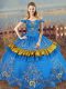 Blue Lace Up Off The Shoulder Embroidery Quinceanera Dress Satin Sleeveless
