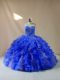 Sweetheart Sleeveless Quinceanera Dresses Floor Length Beading and Ruffles Royal Blue Organza