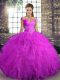 Gorgeous Off The Shoulder Sleeveless Tulle Ball Gown Prom Dress Beading and Ruffles Lace Up