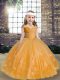 Gold Ball Gowns Straps Sleeveless Tulle Floor Length Lace Up Beading and Hand Made Flower Kids Pageant Dress