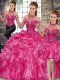 Fuchsia Halter Top Lace Up Beading and Ruffles Sweet 16 Dresses Sleeveless