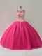 Sumptuous Hot Pink Lace Up Scoop Appliques Ball Gown Prom Dress Tulle Sleeveless