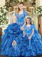 Customized Blue Sweetheart Lace Up Beading and Ruffles Sweet 16 Quinceanera Dress Sleeveless
