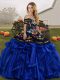 Custom Design Ball Gowns Sweet 16 Dresses Blue And Black Off The Shoulder Organza Sleeveless Floor Length Lace Up