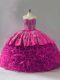 Affordable Fuchsia Ball Gowns Fabric With Rolling Flowers Sweetheart Sleeveless Embroidery and Ruffles Floor Length Lace Up Sweet 16 Dresses