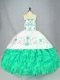 Customized Sweetheart Sleeveless 15 Quinceanera Dress Floor Length Embroidery and Ruffled Layers Turquoise Organza
