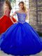 Enchanting Royal Blue Lace Up Off The Shoulder Beading and Ruffles 15 Quinceanera Dress Tulle Sleeveless