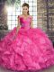 Off The Shoulder Sleeveless Ball Gown Prom Dress Floor Length Beading and Ruffles Hot Pink Organza
