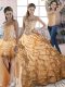 Ruffled Layers Quinceanera Gown Gold Lace Up Sleeveless Brush Train