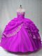 Smart Sleeveless Floor Length Beading and Appliques Lace Up Quince Ball Gowns with Fuchsia