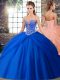 Nice Tulle Sweetheart Sleeveless Brush Train Lace Up Beading and Pick Ups Quince Ball Gowns in Royal Blue