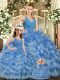 Cheap Blue Sleeveless Floor Length Ruffled Layers and Ruching Backless Quinceanera Dresses