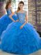 Sleeveless Beading and Ruffles Lace Up 15th Birthday Dress with Blue Brush Train