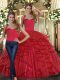 Top Selling Straps Sleeveless 15th Birthday Dress Floor Length Ruffles Red Tulle