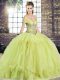 Delicate Off The Shoulder Sleeveless Lace Up Quinceanera Gowns Yellow Green Tulle