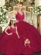 Stylish Burgundy Sleeveless Floor Length Ruching Lace Up Quinceanera Gowns
