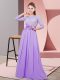 Graceful Lavender Empire Lace and Belt Bridesmaid Dress Side Zipper Chiffon 3 4 Length Sleeve Floor Length