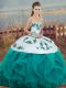 Nice Floor Length Lace Up Quinceanera Dresses Turquoise for Military Ball and Sweet 16 and Quinceanera with Embroidery and Ruffles and Bowknot