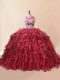 Red Quinceanera Gowns Organza Brush Train Sleeveless Beading and Lace and Appliques