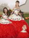 Floor Length White And Red 15th Birthday Dress Off The Shoulder Sleeveless Lace Up