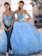 Noble Blue Lace Up 15th Birthday Dress Beading and Ruffles Sleeveless Floor Length