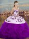Great Sleeveless Floor Length Embroidery and Ruffles and Bowknot Lace Up Sweet 16 Dresses with White And Purple