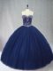 Exquisite Sleeveless Tulle Floor Length Lace Up Quince Ball Gowns in Navy Blue with Beading